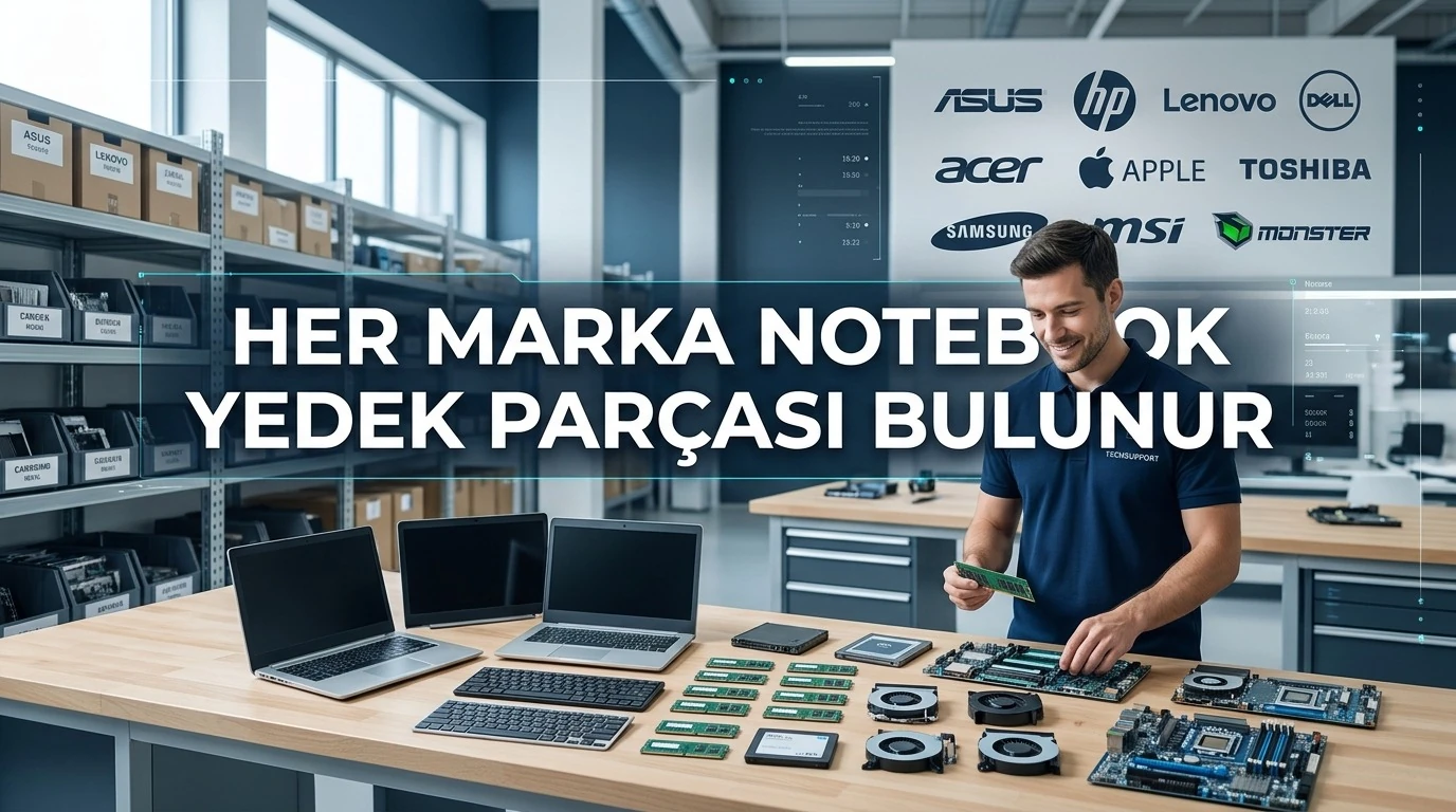 Notebook bilgisayarlar ve yedek parçaların yer aldığı temsili teknik servis çalışma alanı