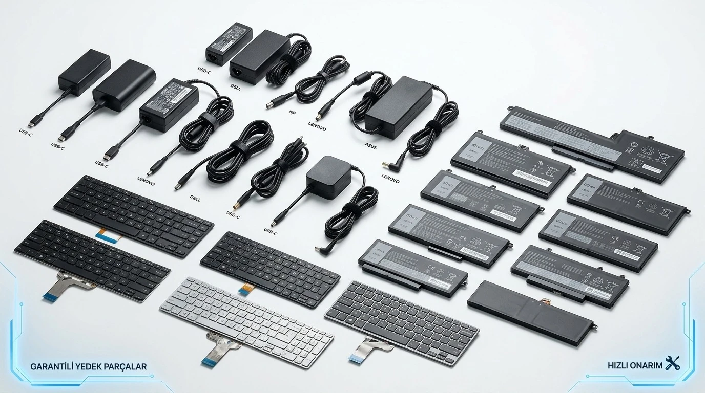 Notebook adaptörleri, bataryaları ve farklı tuş düzenlerine sahip klavyeler